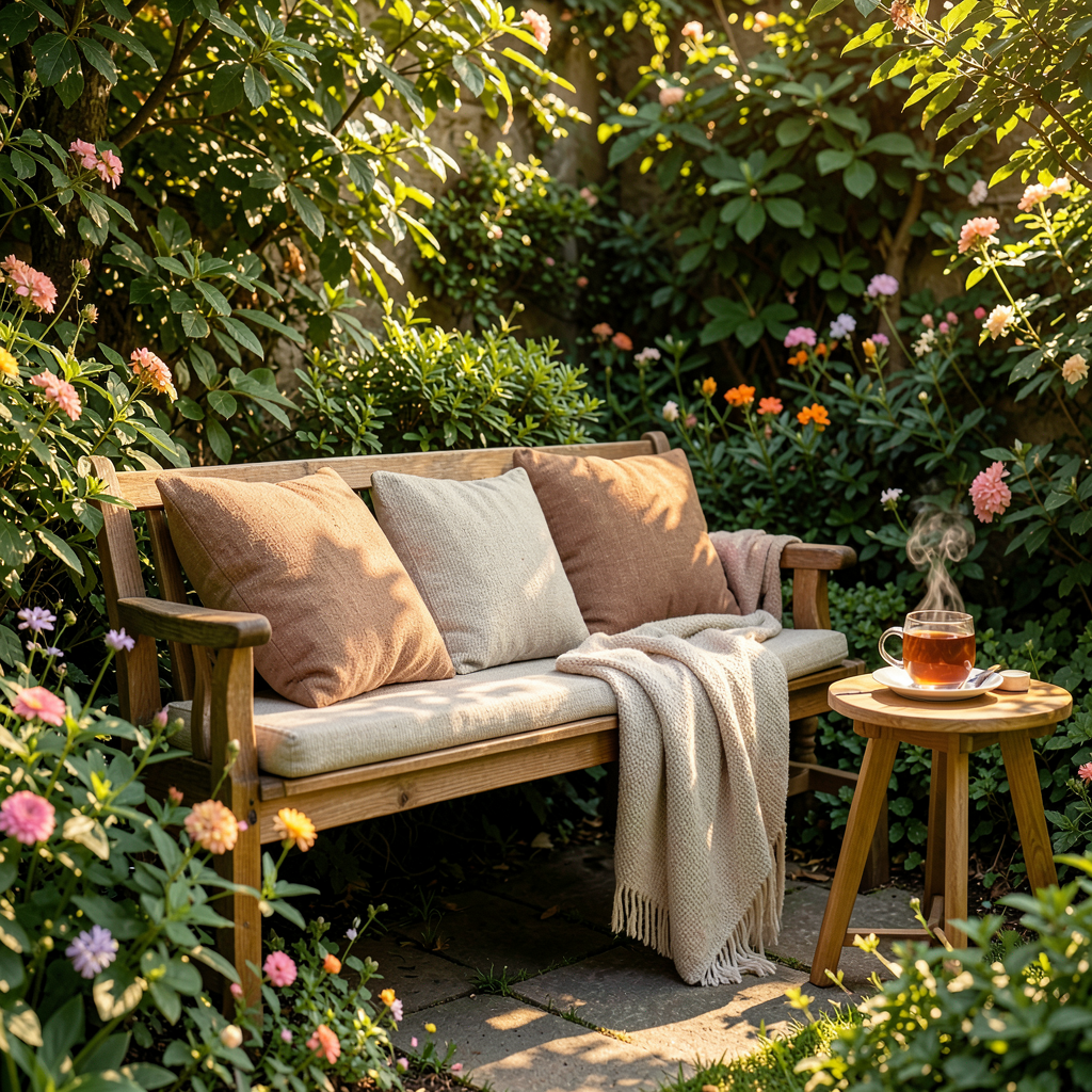 Terrasse extérieure moderne aménagée avec mobilier de jardin et plantes vertes pour un espace cocooning