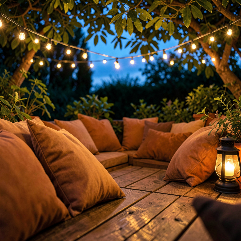 Coin cosy jardin avec fauteuils en rotin, plaid et guirlandes lumineuses suspendues sur pergola