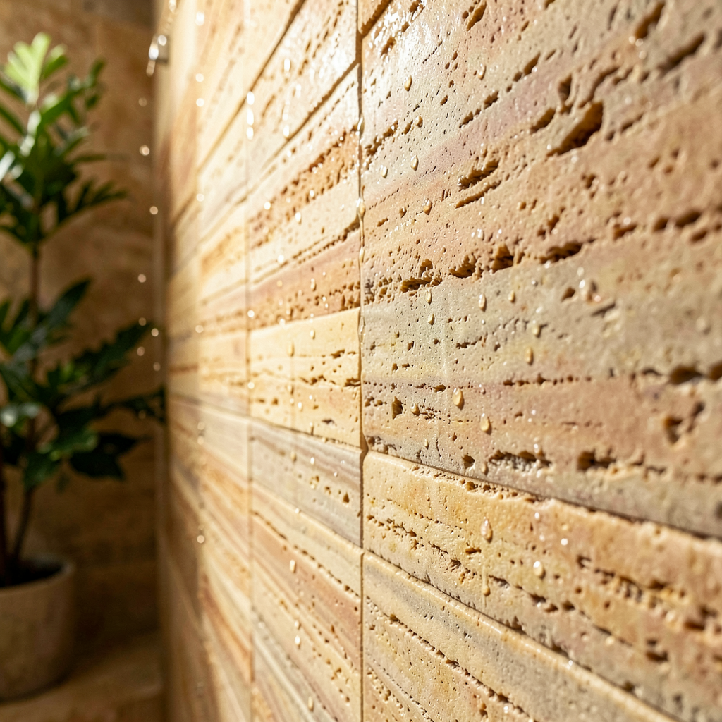 Détail de carrelage imitation travertin dans une salle de bain chaleureuse aux tons naturels