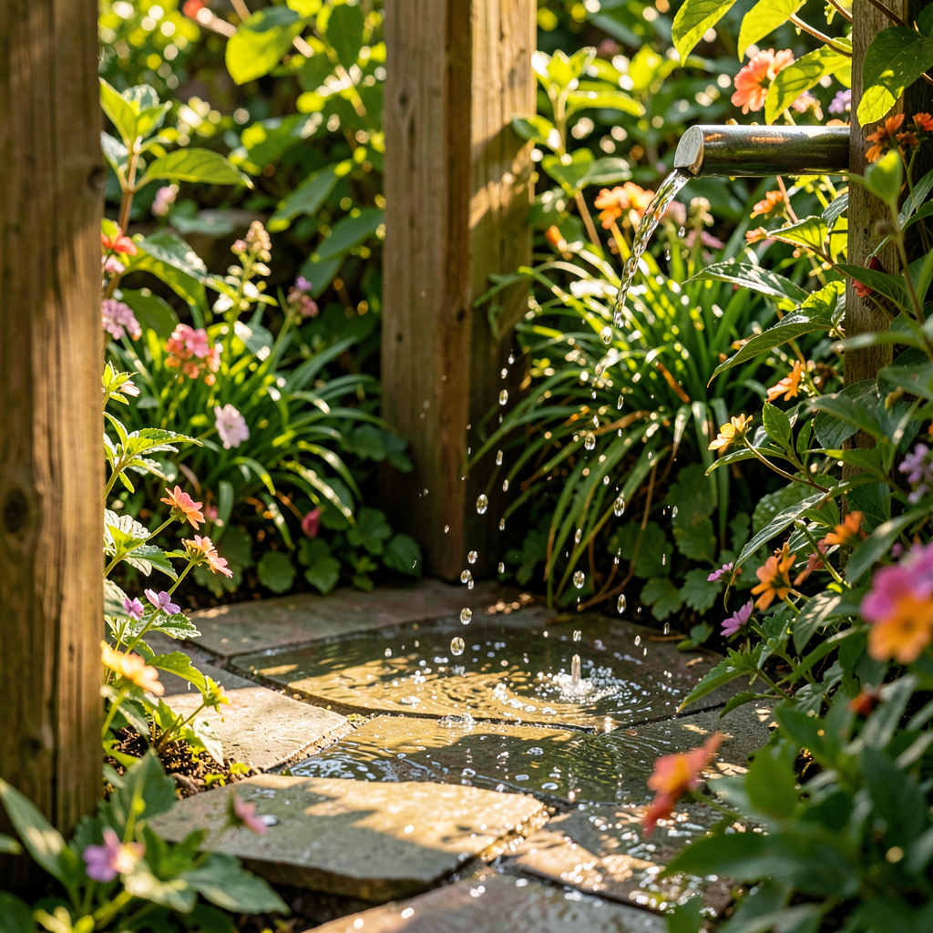 Coin douche de jardin avec brise-vue en bois et plantes, aménagement extérieur naturel