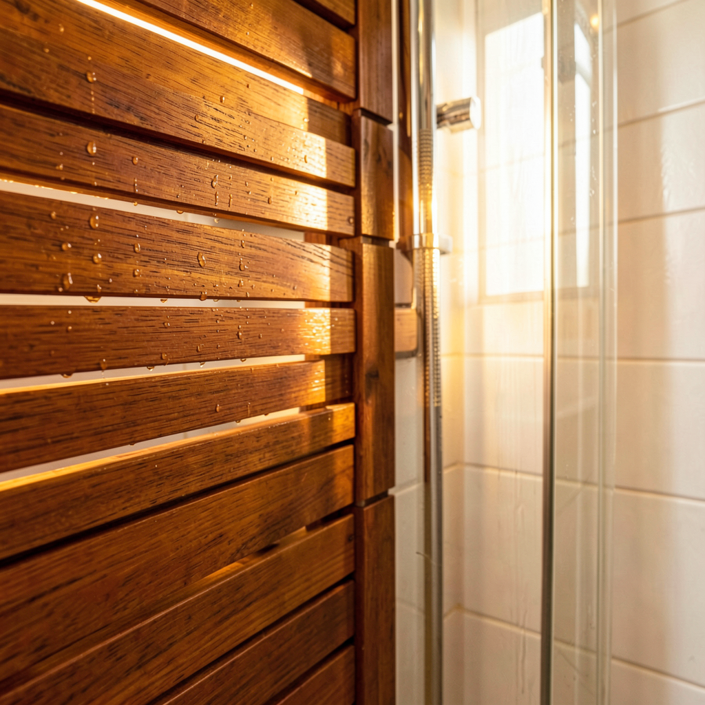 Petite salle de bain effet bois avec douche walk-in ouverte et éclairage doux