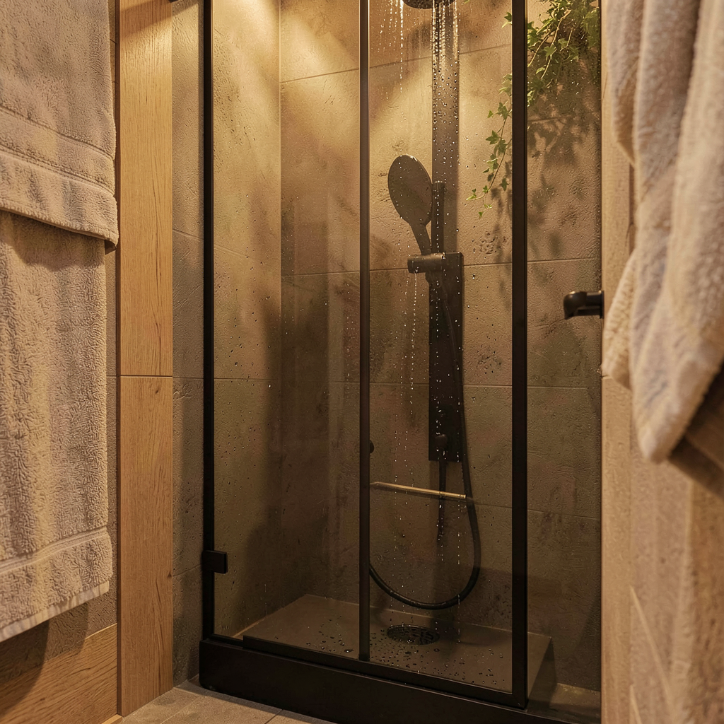 Niche de douche éclairée et grands carreaux neutres dans une salle de bain moderne style moody