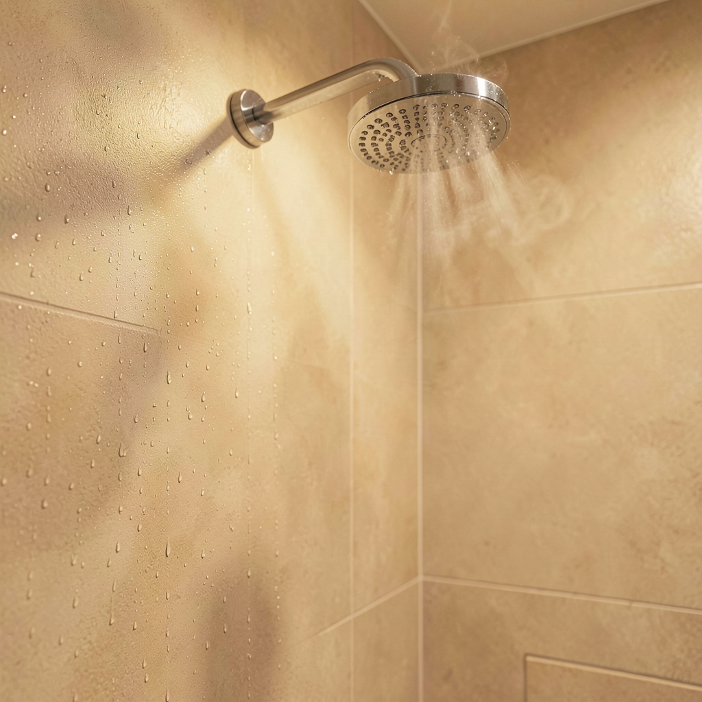 Murs de douche en technique d'enduit minéral couleur menthe, aménagement salle de bain moderne