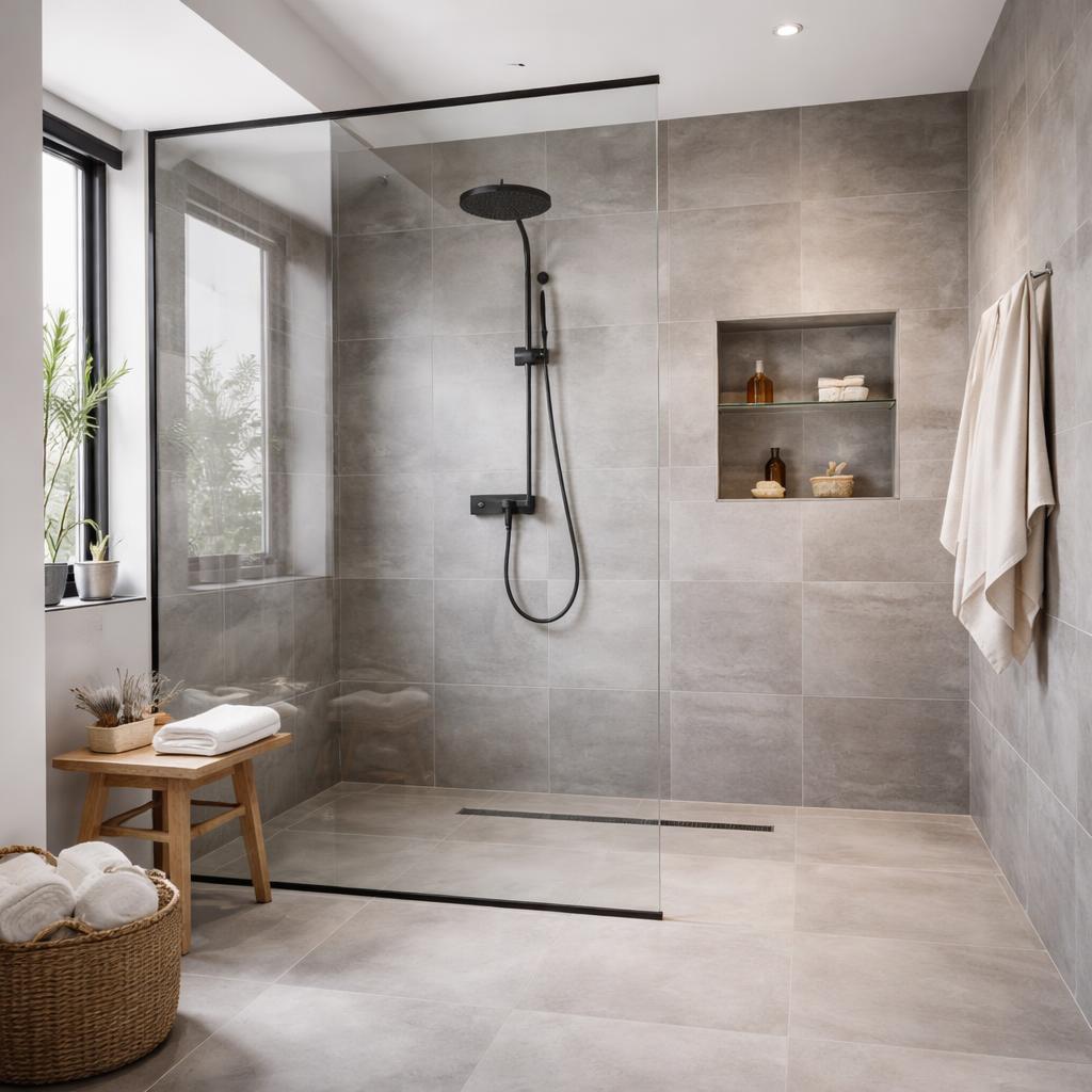 Détail de carrelage gris mat en grand format dans une douche italienne à sol nivelé, style salle d'eau scandinave