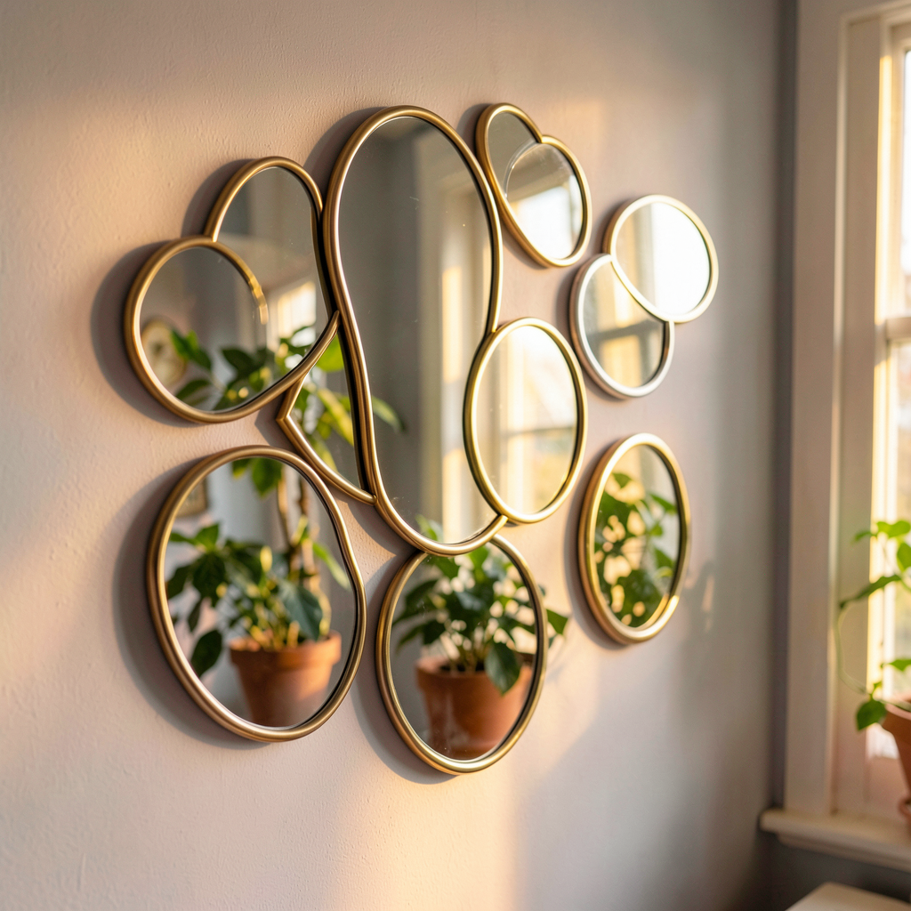 Mur de miroirs de différentes formes et tailles dans une salle à manger lumineuse, inspiration déco murale