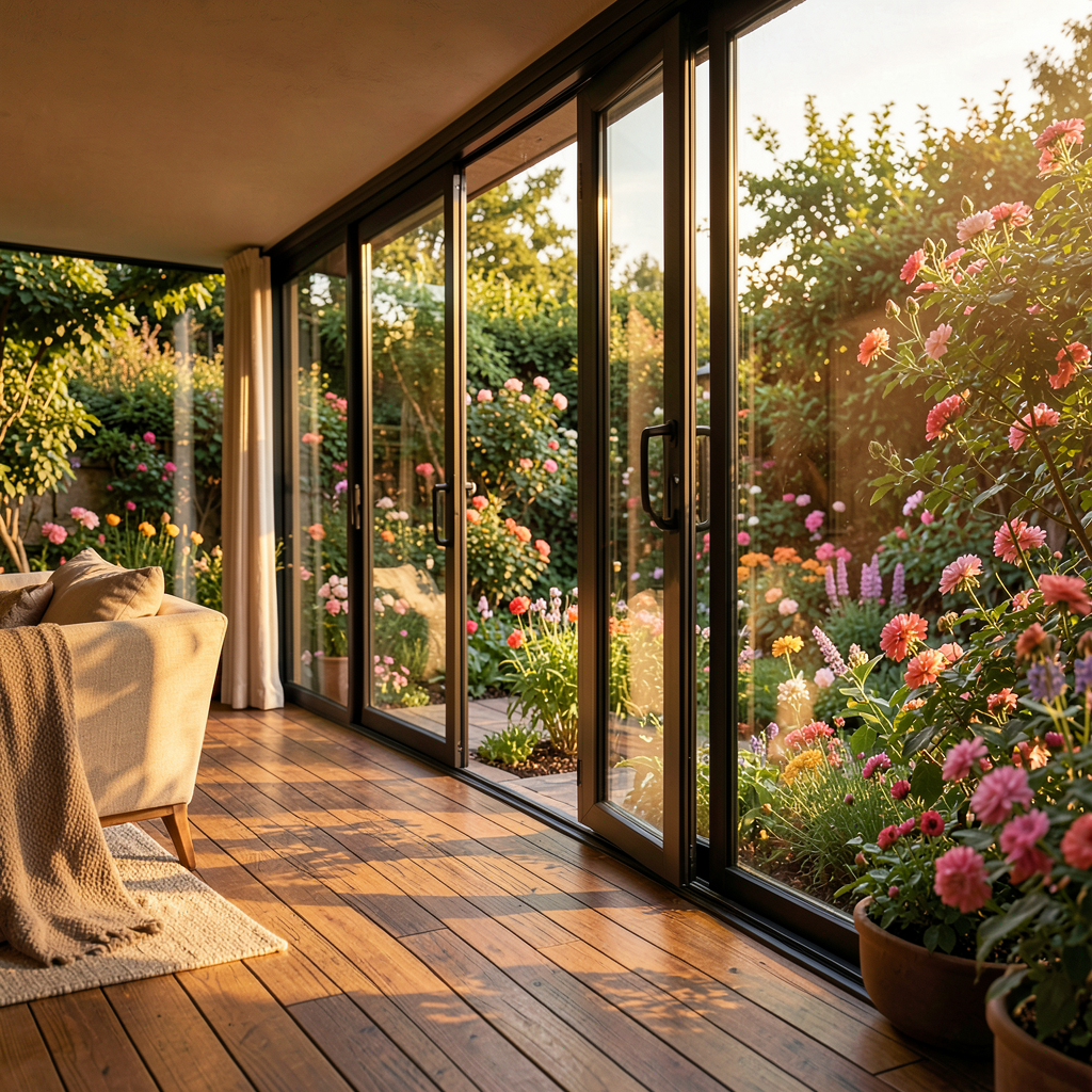Véranda terrasse lumineuse reliant le salon au jardin avec pergola en bois naturel