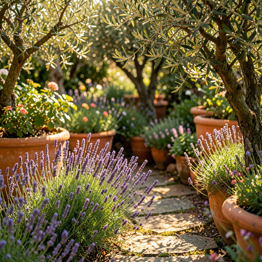 Patio méditerranéen aménagé avec mobilier en rotin, olivier en pot et végétation méditerranéenne
