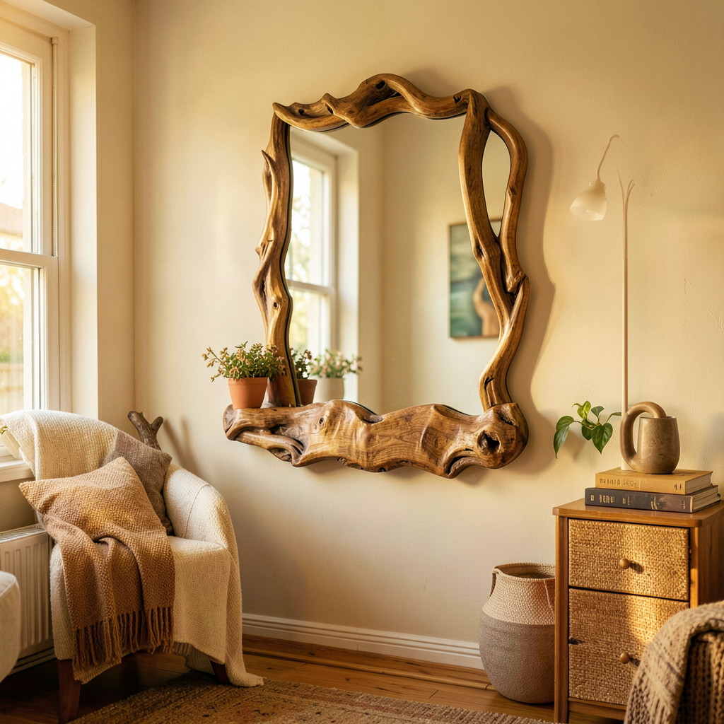 Miroir mural irrégulier à cadre doré posé au-dessus d'une console en bois naturel dans une entrée décorée.
