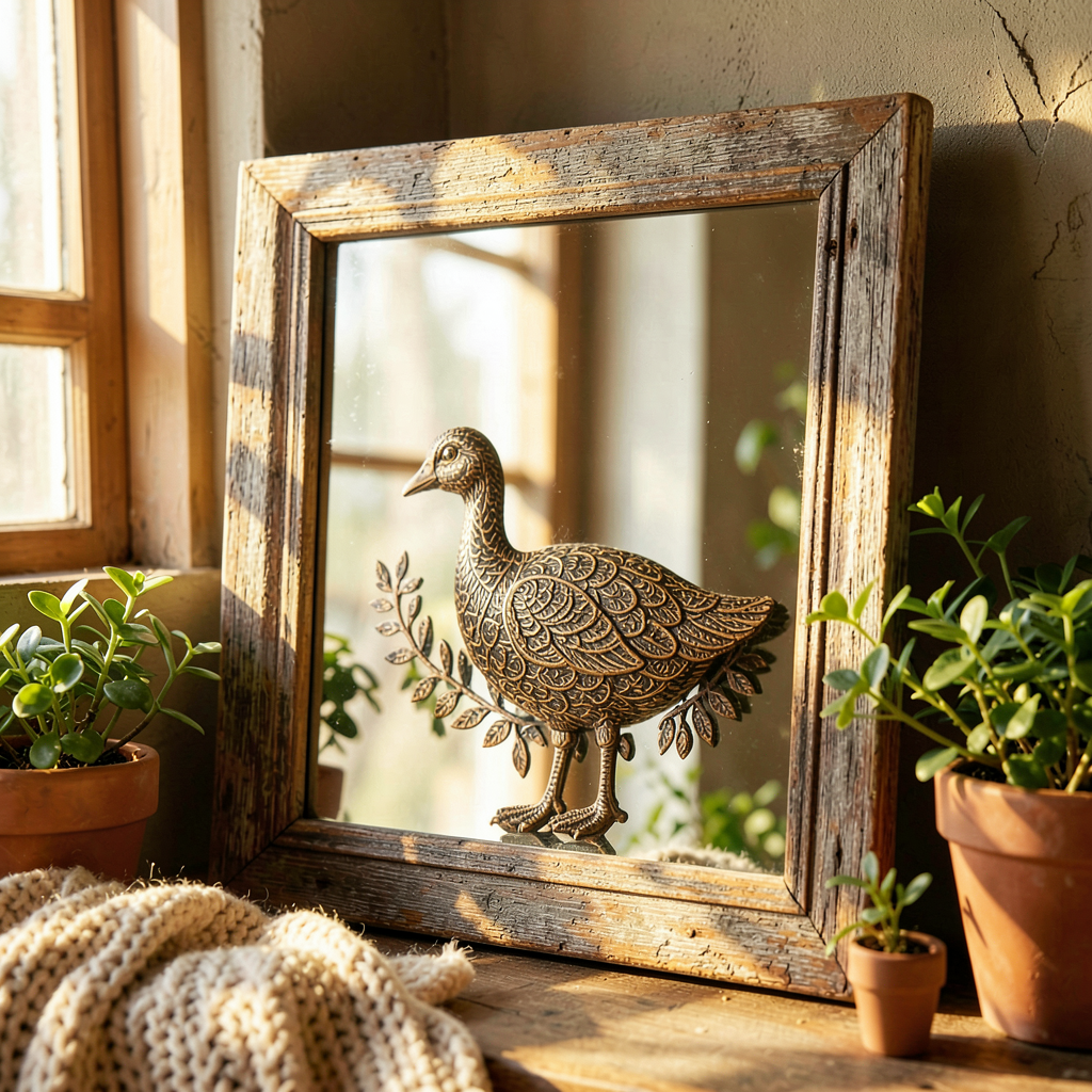 Gros plan sur le cadre métallique d'un miroir décoratif motif oies posé contre un mur en bois clair