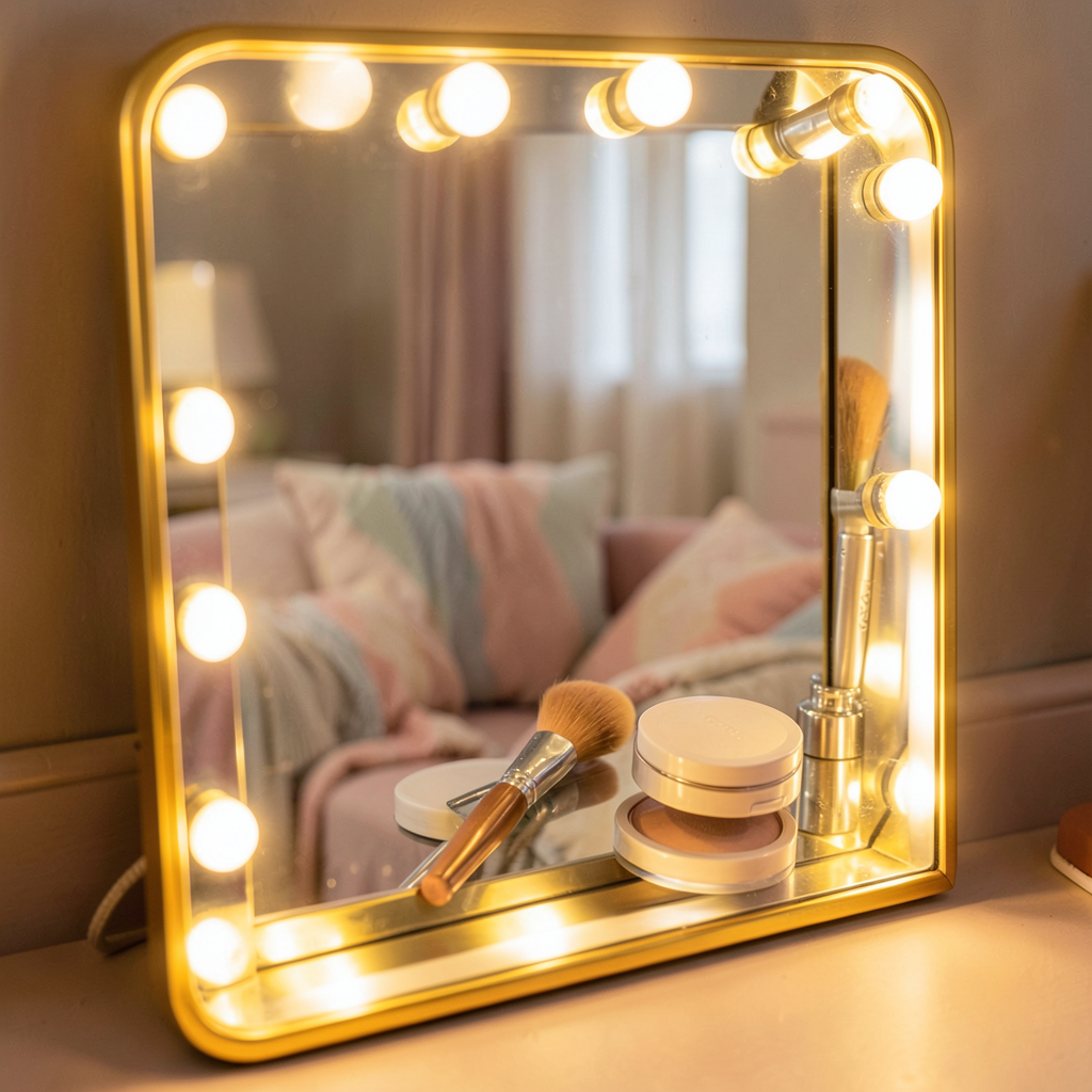 Détail des ampoules LED dimmables d'un miroir maquillage Hollywood posé sur une coiffeuse blanche