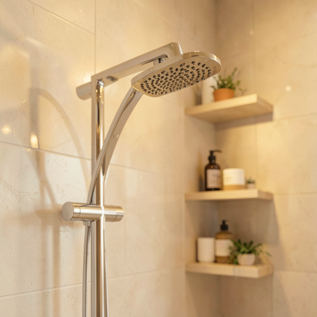 Niche murale et paroi en verre dans une salle de bain minimaliste moderne à petit espace