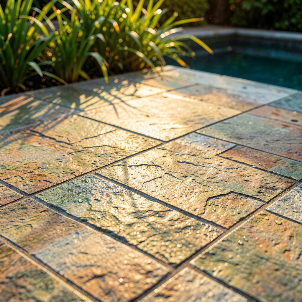 Plage de piscine en pierre de Beaunotte finition bouchardée avec dallage en bande, sol terrasse extérieure