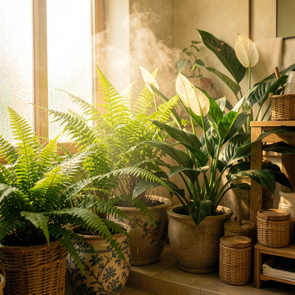 Plantes vertes disposées sur une étagère en rotin dans une salle de bain décorée façon jungle exotique