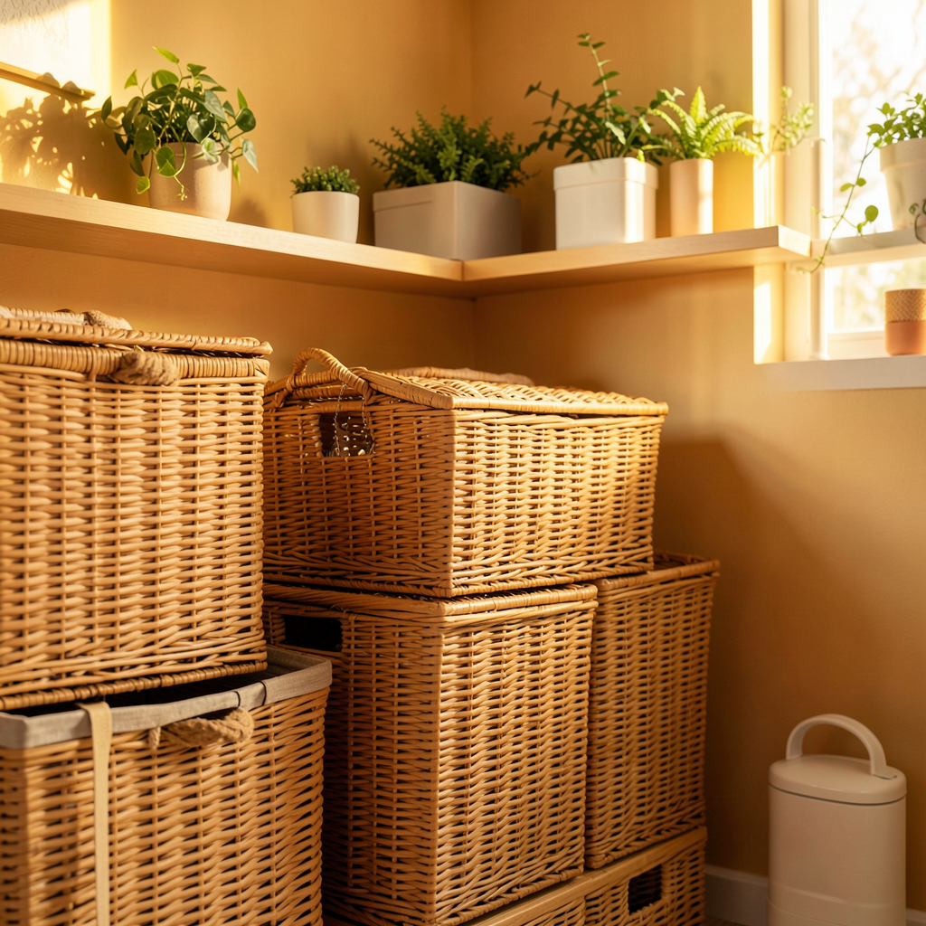 Meuble de rangement buanderie avec compartiments pour paniers à linge triés par couleur