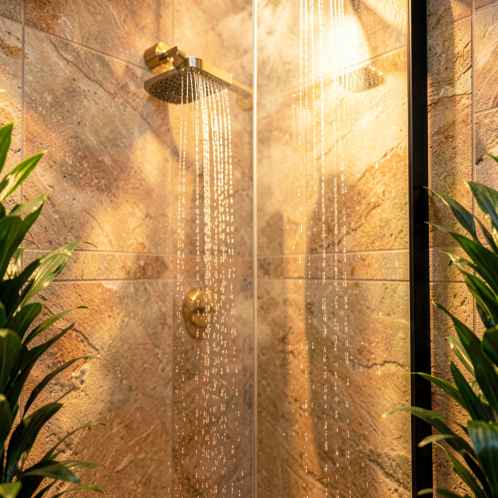 Détail d'une douche à l'italienne double avec paroi en verre et carrelage noir mat élégant