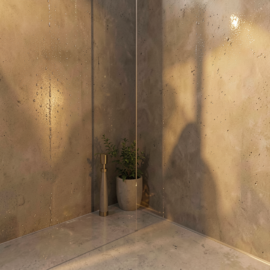 Petit wet room en béton ciré avec plantes vertes et étagère en bois, idée déco salle de bain moderne