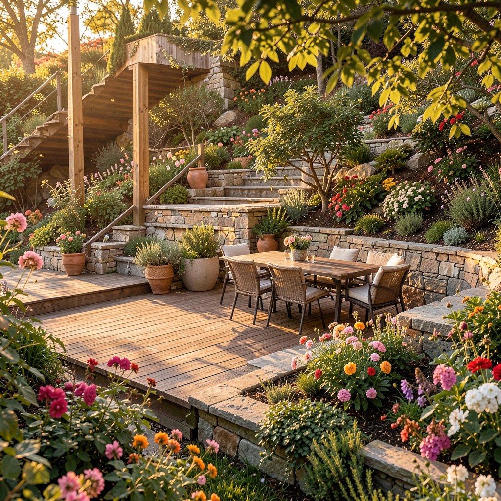 Aménagement terrasse design à deux niveaux avec mobilier de jardin en bois naturel et plantes vertes