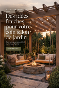 Aménagement d'un coin jardin accueillant avec des meubles en bois et des plantes.