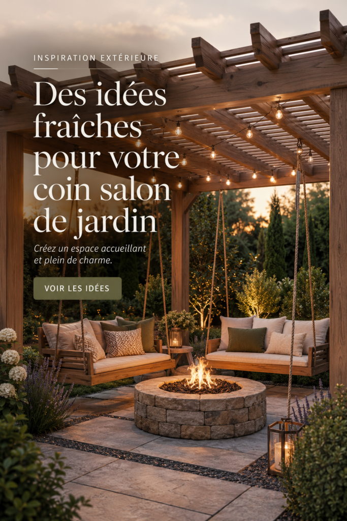 Aménagement d'un coin jardin accueillant avec des meubles en bois et des plantes.