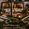 Un patio élégant aménagé avec des plantes et un mobilier stylé.