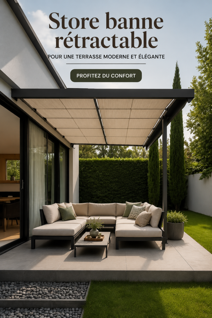 Patio élégant avec un auvent rétractable moderne offrant de l'ombre.