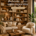 Une bibliothèque bohème chic avec des livres et des éléments décoratifs colorés.