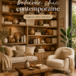 Une bibliothèque bohème chic avec des livres et des éléments décoratifs colorés.