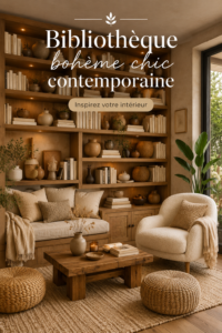 Une bibliothèque bohème chic avec des livres et des éléments décoratifs colorés.