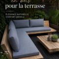 Canapé d'angle en bois sur une terrasse fleurie