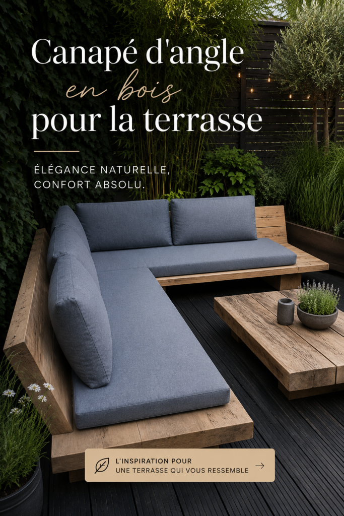 Canapé d'angle en bois sur une terrasse fleurie