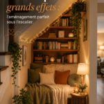 Un coin lecture confortable aménagé sous un escalier, avec des livres et un fauteuil douillet.
