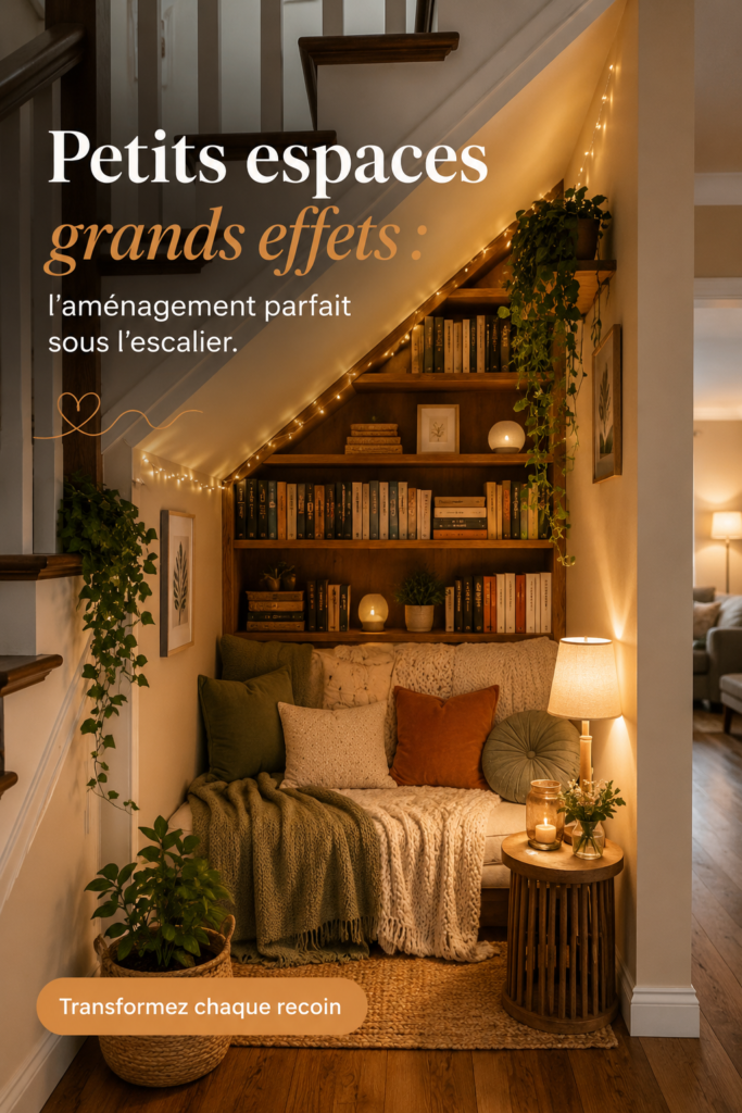 Un coin lecture confortable aménagé sous un escalier, avec des livres et un fauteuil douillet.