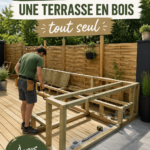 Terrasse en bois construite dans un jardin verdoyant.