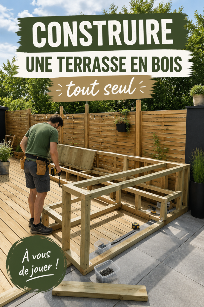Terrasse en bois construite dans un jardin verdoyant.