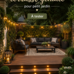 Un petit jardin avec un deck en bois aménagé pour se détendre