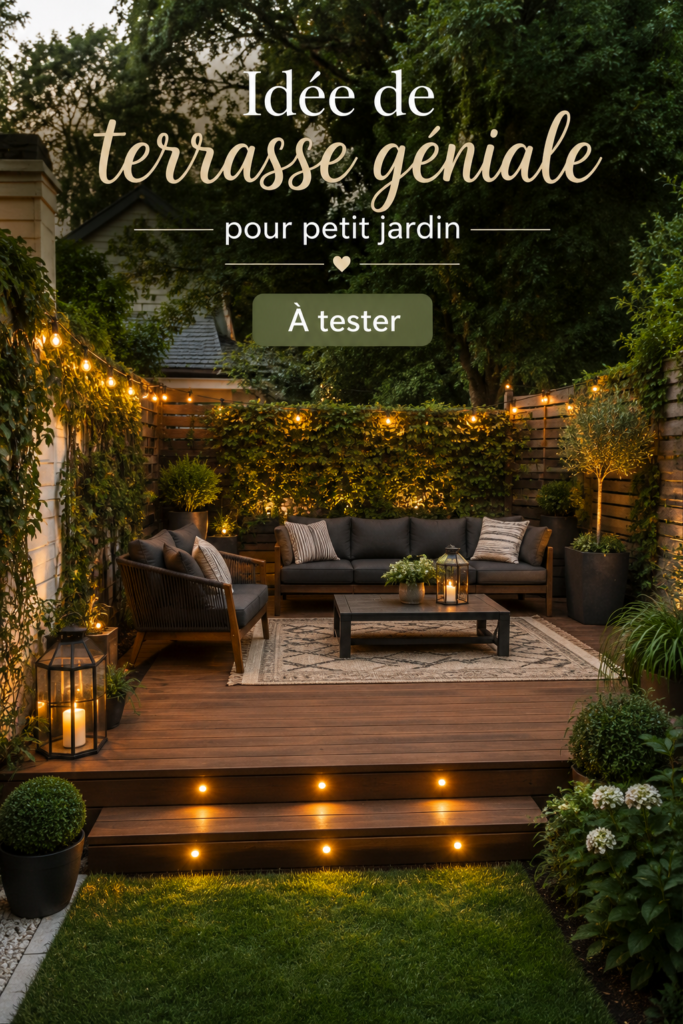 Un petit jardin avec un deck en bois aménagé pour se détendre