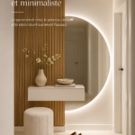 Hall d'entrée moderne avec miroir rond et panneaux en bois.