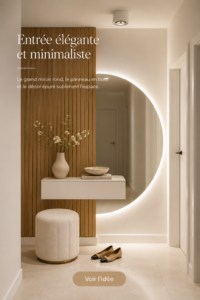 Hall d'entrée moderne avec miroir rond et panneaux en bois.