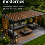 Un beau jardin avec une pergola moderne en bois offrant de l'ombre et un espace de détente