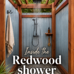 Détail d'une douche extérieure entourée de séquoias verdoyants