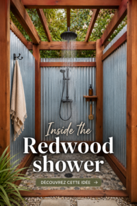 Détail d'une douche extérieure entourée de séquoias verdoyants