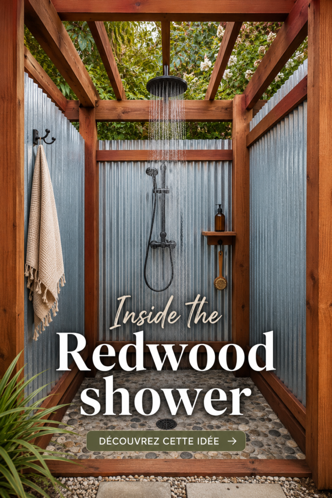 Détail d'une douche extérieure entourée de séquoias verdoyants