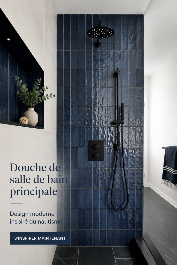 Salle de bains moderne avec une douche au style nautique et des couleurs apaisantes.