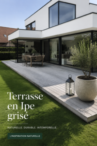 Terrasse en bois Ipe grisée sous un soleil d'été avec de belles plantes vertes.