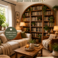 Coin lecture cosy dans un salon avec fauteuil et étagères remplies de livres