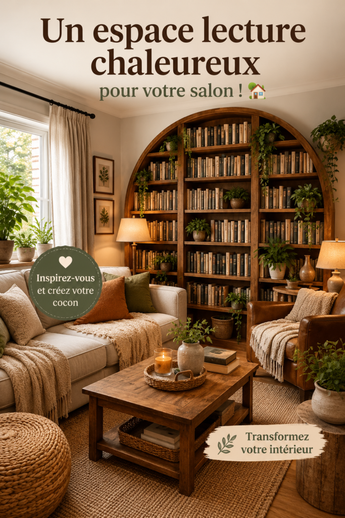 Coin lecture cosy dans un salon avec fauteuil et étagères remplies de livres