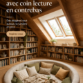 Un grenier aménagé en coin lecture cosy avec des étagères, un fauteuil confortable et une lumière douce.