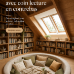 Un grenier aménagé en coin lecture cosy avec des étagères, un fauteuil confortable et une lumière douce.