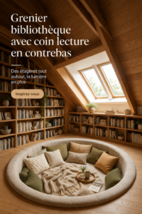 Un grenier aménagé en coin lecture cosy avec des étagères, un fauteuil confortable et une lumière douce.