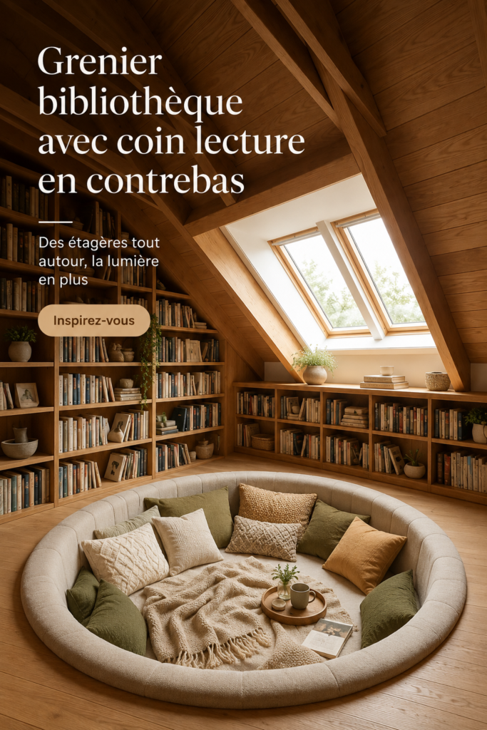 Un grenier aménagé en coin lecture cosy avec des étagères, un fauteuil confortable et une lumière douce.
